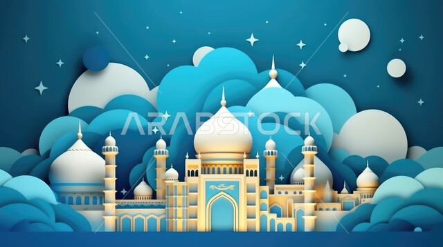 زينة وديكورات رمضان المبارك, الاحتفال بالمناسبات والأعياد الدينية، تصاميم ثلاثية الأبعاد لمسجد إسلامي مع قبب ومآذن باللون الذهبي، الاجتهاد في العبادة والتقرب الى الله، خلفية زرقاء