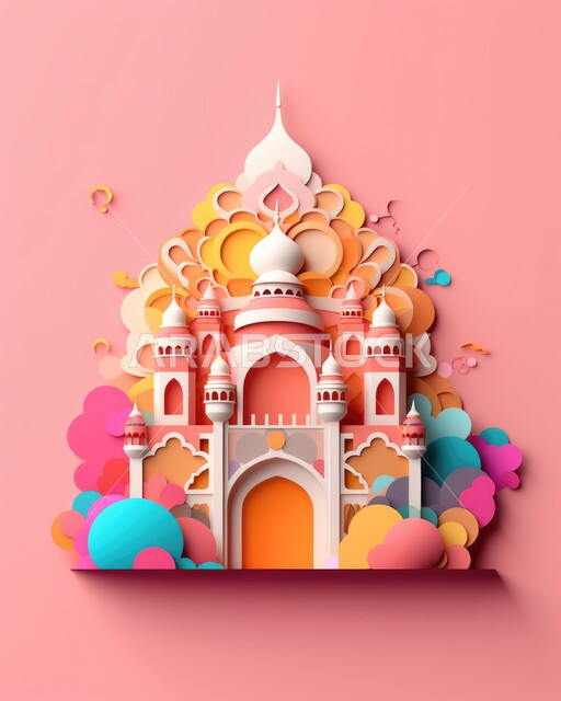 الاجتهاد في العبادة والتقرب الى الله، زينة وديكورات رمضان المبارك, الاحتفال بالمناسبات والأعياد الدينية، تصاميم ثلاثية الأبعاد لمسجد إسلامي مع قبب ومآذن ملونة، خلفية وردية