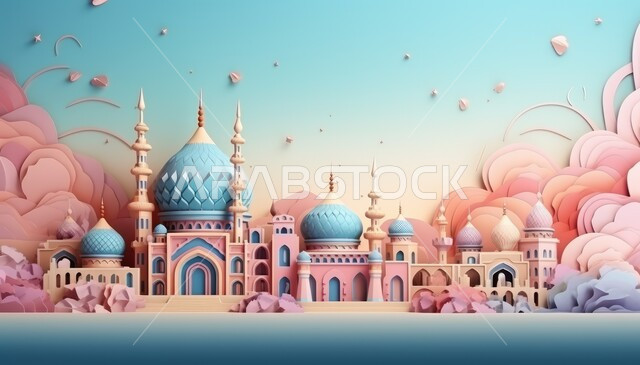  تصاميم ثلاثية الأبعاد لمسجد إسلامي مع قبب ومآذن ملونة، الاجتهاد في العبادة والتقرب الى الله، زينة وديكورات رمضان المبارك, الاحتفال بالمناسبات والأعياد الدينية، خلفية وردية