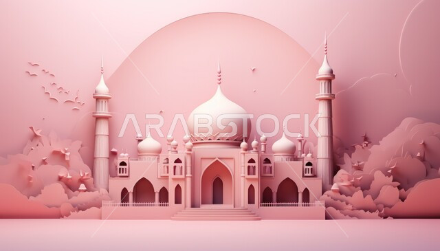 تصاميم ثلاثية الأبعاد لمسجد إسلامي مع قبب ومآذن باللون الوردي، الاجتهاد في العبادة والتقرب الى الله، زينة وديكورات رمضان المبارك, الاحتفال بالمناسبات والأعياد الدينية، خلفية وردية