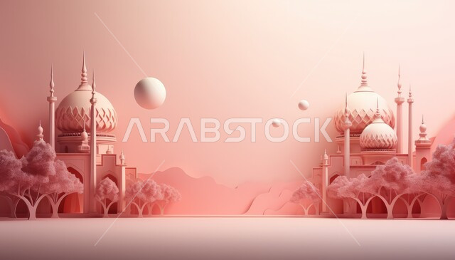 الاحتفال بالمناسبات والأعياد الدينية، تصاميم ثلاثية الأبعاد لمسجد إسلامي مع قبب ومآذن باللون الوردي، الاجتهاد في العبادة والتقرب الى الله، زينة وديكورات رمضان المبارك, خلفية وردية