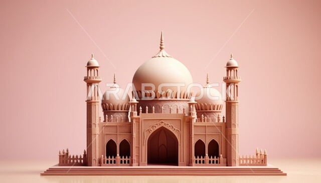 زينة وديكورات رمضان المبارك, الاحتفال بالمناسبات والأعياد الدينية، تصاميم ثلاثية الأبعاد لمسجد إسلامي مع قبب ومآذن باللون الوردي، الاجتهاد في العبادة والتقرب الى الله، خلفية وردية