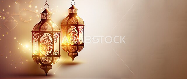 الاحتفال بالمناسبات والأعياد الدينية الاسلامية، ديكورات وزينة رمضان المبارك, فوانيس معدنية تقليدية مضيئة مزخرفة، العادات والتقاليد لاستقبال الشهر المبارك في المملكة العربية السعودية, البهجة بقدوم شهر الخير، خلفية بيج