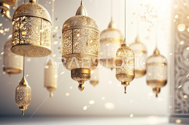 فوانيس معدنية تقليدية مضيئة مزخرفة، العادات والتقاليد لاستقبال الشهر المبارك في المملكة العربية السعودية, البهجة بقدوم شهر الخير، الاحتفال بالمناسبات والأعياد الدينية الاسلامية، ديكورات وزينة رمضان المبارك, خلفية بيج