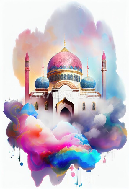 لوحات ورسومات فنية تشكيلية اسلامية, رسمة ملونة لمسجد بتصاميم وديكورات هندسية معمارية على الطراز العربي الإسلامي، اماكن للعبادة والطاعة، دعوة المسلمين للصلاة والتقرب الى الله، خلفية بيضاء