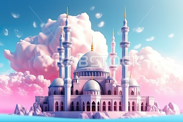 دعوة المسلمين للصلاة والتقرب الى الله، رسمة ملونة لمسجد بتصاميم وديكورات هندسية معمارية على الطراز العربي الإسلامي، اماكن للعبادة والطاعة، لوحات ورسومات فنية تشكيلية اسلامية