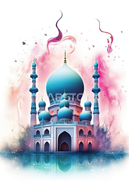 لوحات ورسومات فنية تشكيلية اسلامية, رسمة ملونة لمسجد بتصاميم وديكورات هندسية معمارية على الطراز العربي الإسلامي، اماكن للعبادة والطاعة، دعوة المسلمين للصلاة والتقرب الى الله، خلفية بيضاء