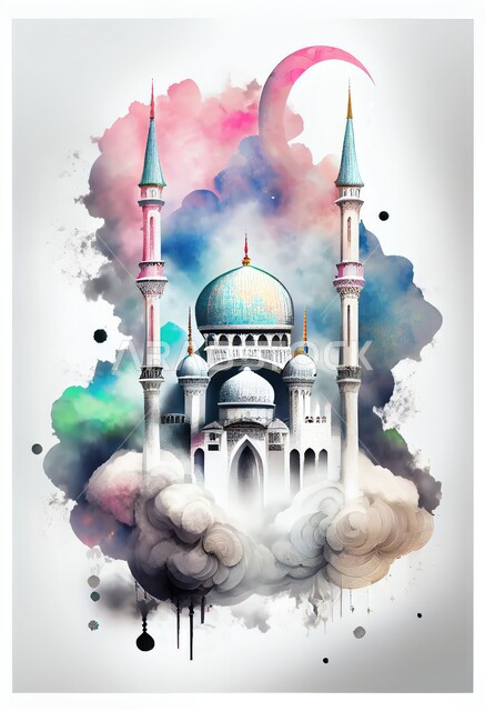 رسمة ملونة لمسجد بتصاميم وديكورات هندسية معمارية على الطراز العربي الإسلامي، اماكن للعبادة والطاعة، دعوة المسلمين للصلاة والتقرب الى الله، لوحات ورسومات فنية تشكيلية اسلامية, خلفية بيضاء