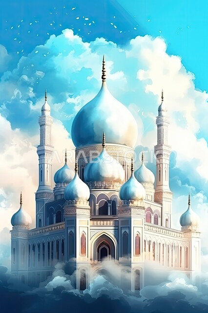 دعوة المسلمين للصلاة والتقرب الى الله، رسمة ملونة لمسجد بتصاميم وديكورات هندسية معمارية على الطراز العربي الإسلامي، اماكن للعبادة والطاعة، لوحات ورسومات فنية تشكيلية اسلامية