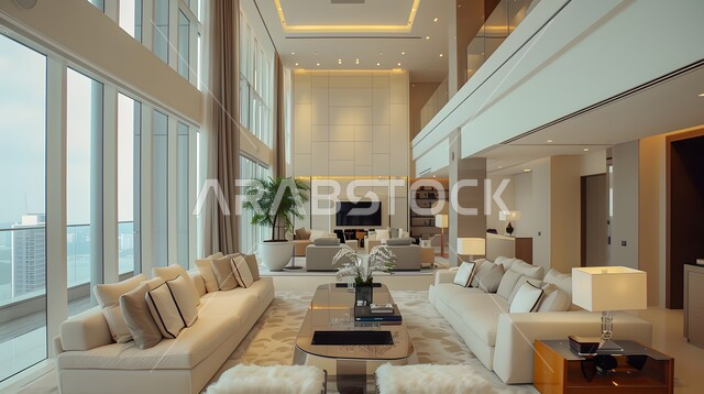 تصميم داخلي حديث لشقة سكنية، التصاميم والديكورات الداخلية لغرفة معيشة بأثاث منزلي راقي، اختيار الألوان المناسبة والتنسيق بين الأثاث والإكسسوارات، استخدام المفروشات ذو التصاميم العصرية