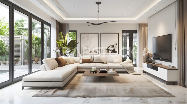 تصميم داخلي حديث لشقة سكنية، التصاميم والديكورات الداخلية لغرفة معيشة بأثاث منزلي راقي، اختيار الألوان المناسبة والتنسيق بين الأثاث والإكسسوارات، استخدام المفروشات ذو التصاميم العصرية