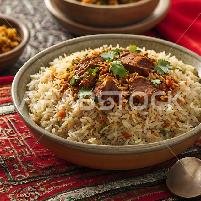 طبق من أرز البرياني اللذيذ مع قطع لحم الضأن المزين بالخضار، وصفات وأطباق طعام لذيذة تقليدية، أكلات شعبية عربية خليجية سعودية، فنون تقديم الطعام في مطاعم المأكولات الشرقية