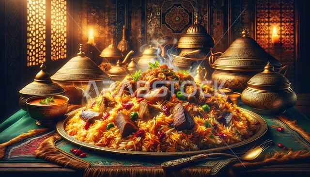 طبق من أرز البرياني اللذيذ مع قطع لحم الضأن المزين بالخضار، وصفات وأطباق طعام لذيذة تقليدية، أكلات شعبية عربية خليجية سعودية، فنون تقديم الطعام في مطاعم المأكولات الشرقية