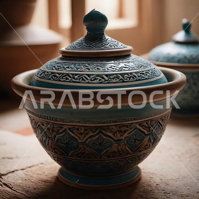 شراء الهدايا التذكارية والفخارات الملونة والمزخرفة، متجر لبيع أواني الفخار في سوق شعبي تقليدي في المملكة العربية السعودية، الأواني والمنتجات الفخارية المصنوعة من الطين، مهن وصناعات يدوية شعبية تراثية قديمة