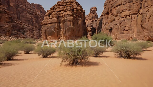  نمو النباتات والاعشاب البرية في المحميات الطبيعية الصحراوية، سلسلة الجبال والتكوينات والتشكلات الصخرية في منطقة تبوك، المناطق الصحراوية والكثبان الرملية في البراري، معالم اثرية تاريخية قديمة، اماكن سياحية مشهورة في المملكة العربية السعودية