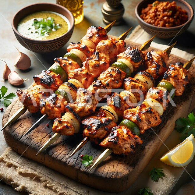  أطباق الباربكيو الشهية، وجبات الطعام السريعة والصحية، طبق من أسياخ اللحم المشوي مع الخضراوات الشهية, أكلات عربية تقليدية شعبية, فن تقديم الأطعمة في مطاعم المملكة العربية السعودية