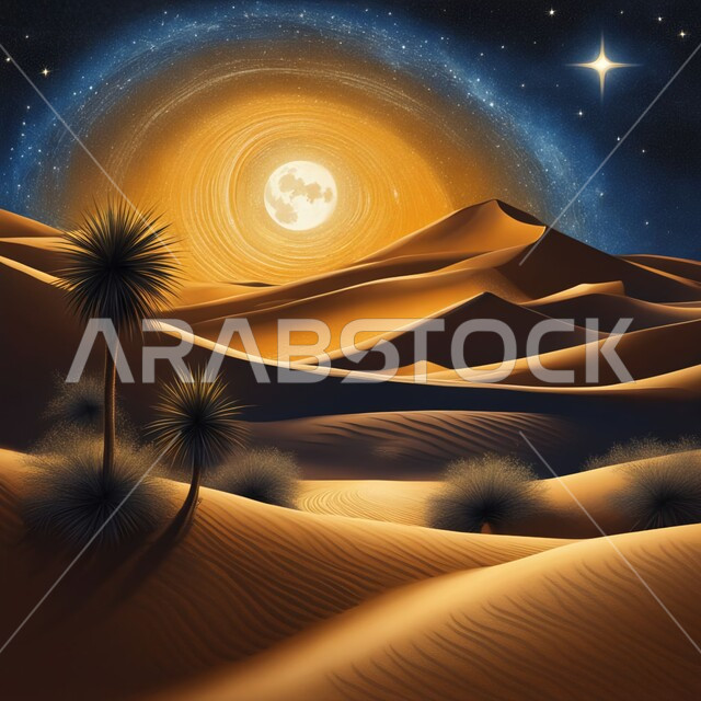 مناطق البادية والبيئة الطبيعية في السعودية، لوحه فنيه بالالوان الزيتيه والمائيه للصحراء الرمليه، نباتات برية صحراوية في البراري، النجوم الملألئة وضوء القمر المضيئ على الرمال الذهبية الناعمة ، التضاريس والمرتفعات والهضاب في المملكة