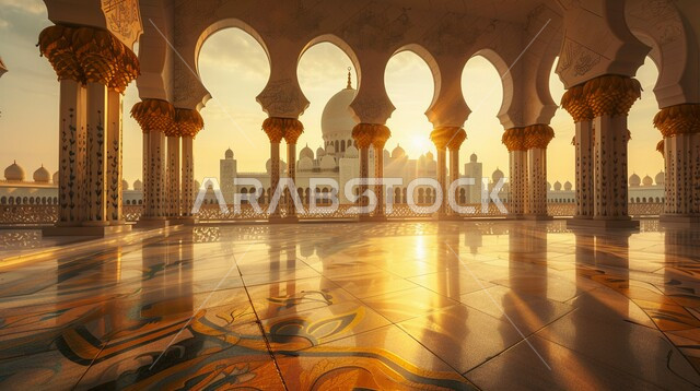 الاهتمام بالمناظر العامة المحيطة بالمساجد، الفن الهندسي المعماري وتصاميم الاعمدة الخارجية على الطراز العربي الاسلامي، المعالم والأماكن الدينية المقدسة، منظر غروب الشمس على رواق مسجد، خلفية اسلامية