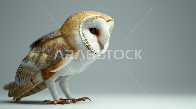 Predatory hawk, breeding birds of prey in a zoo in Saudi Arabia, close-up of a round-faced barn owl, natural wildlife concept, white background