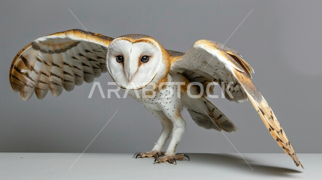 مفهوم الحياة البرية الطبيعيه  ، طائر الهامه  المفترس، تربية الطيور الجارحة في حديقة الحيوانات في السعودية،  صورة مقربه لبومة الحظيره  المستديرة الوجه ، خلفية بيضاء