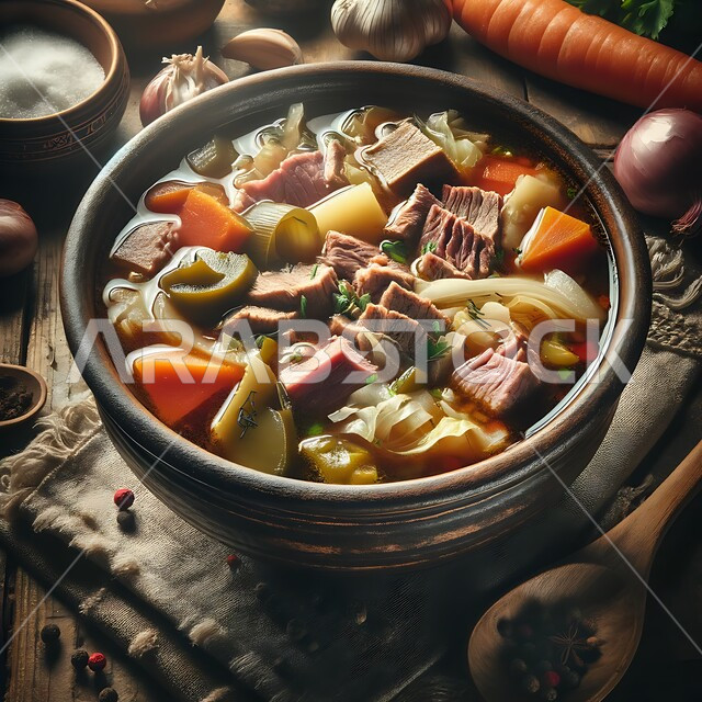 مقبلات ساخنة شهية، وعاء من حساء لحوم الضأن مع الخضار المشكله ورقائق العجين, طبق عربي سعودي خليجي, طعام صحي ووجبات خفيفه, أكلات شعبيه تقليدية