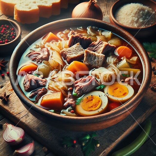 وعاء من حساء لحوم الضأن مع الخضار المشكله ورقائق العجين, طبق عربي سعودي خليجي, طعام صحي ووجبات خفيفه, أكلات شعبيه تقليدية، مقبلات ساخنة شهية