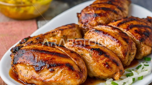طبق من قطع صدور الدجاج المشوي, مطاعم ومطابخ اللحوم المشوية في المملكة العربية السعودية,  الدجاج المحمر على الفحم, وجبات الطعام الصحية الشهية, مطاعم وأكلات عربية شرقية، أطباق الباربكيو الشهية