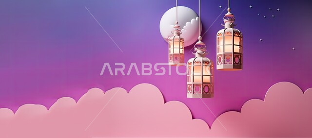 الفوانيس المعدنية التقليدية المضاءة المعلقة، ديكورات وزينة رمضان المبارك, أجواء الروحانية والاحتفال بالمناسبات والأعياد الدينية الاسلامية، البهجة بقدوم شهر الخير، خلفية بنفسجية