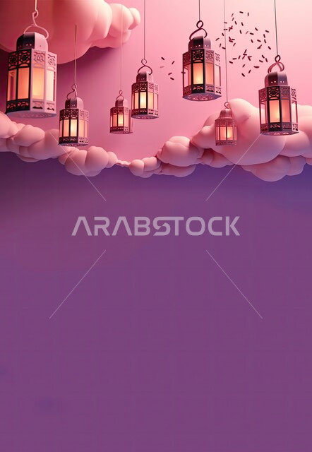الفوانيس المعدنية التقليدية المضاءة المعلقة، ديكورات وزينة رمضان المبارك, أجواء الروحانية والاحتفال بالمناسبات والأعياد الدينية الاسلامية، البهجة بقدوم شهر الخير، خلفية بنفسجية