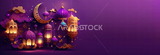 Joy at the arrival of the month of goodness, hanging traditional lit metal lanterns, decorations and adornments of the blessed Ramadan, crescent, clouds and stars, atmosphere of spirituality and celebration of Islamic religious events and holidays, purple background