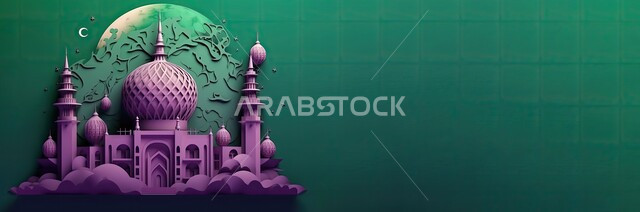 تصاميم ثلاثية الأبعاد لمسجد إسلامي مع قبب ومآذن باللون البنفسجي، ديكورات وزينة رمضان المبارك, أجواء الروحانية والاحتفال بالمناسبات والأعياد الدينية الاسلامية، خلفية خضراء