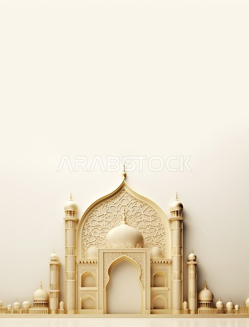 مجسم ثلاثي الابعاد لمسجد مع قبب ومآذن باللون الذهبي، آداء الصلوات والفرائض، ديكورات متميزة على الطراز الإسلامي الحديث، العبادة والتقرب الى الله تعالى، أجواء الروحانية والاحتفال بالمناسبات والأعياد الدينية، خلفية بيضاء