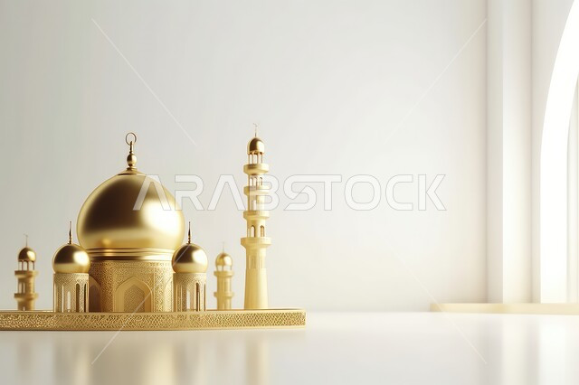 مجسم ثلاثي الابعاد لمسجد مع قبب ومآذن باللون الذهبي، آداء الصلوات والفرائض، ديكورات متميزة على الطراز الإسلامي الحديث، العبادة والتقرب الى الله تعالى، أجواء الروحانية والاحتفال بالمناسبات والأعياد الدينية، خلفية بيضاء
