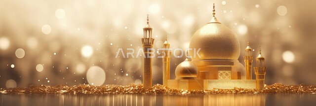 آداء الصلوات والفرائض، مجسم ثلاثي الابعاد لمسجد مع قبب ومآذن باللون الذهبي، ديكورات متميزة على الطراز الإسلامي الحديث، العبادة والتقرب الى الله تعالى، أجواء الروحانية والاحتفال بالمناسبات والأعياد الدينية، خلفية ذهبية