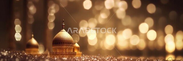 Performing prayers and obligations, a three-dimensional model of a mosque with domes and minarets in golden color, distinct decorations in the modern Islamic style, worship and getting closer to God Almighty, an atmosphere of spirituality and celebration of religious occasions and holidays, a golden background