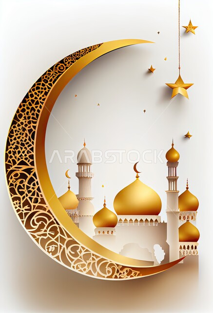 الاجتهاد في العبادة والتقرب الى الله تعالى، آداء الصلوات والفرائض، مجسم ثلاثي الابعاد لمسجد مع قبب ومآذن باللون الذهبي وهلال، ديكورات متميزة على الطراز الإسلامي الحديث، أجواء الروحانية والاحتفال بالمناسبات والأعياد الدينية، خلفية بيضاء