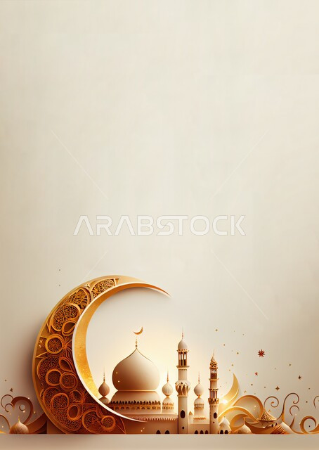 الاجتهاد في العبادة والتقرب الى الله تعالى، آداء الصلوات والفرائض، مجسم ثلاثي الابعاد لمسجد مع قبب ومآذن باللون الذهبي وهلال، ديكورات متميزة على الطراز الإسلامي الحديث، أجواء الروحانية والاحتفال بالمناسبات والأعياد الدينية، خلفية بيضاء