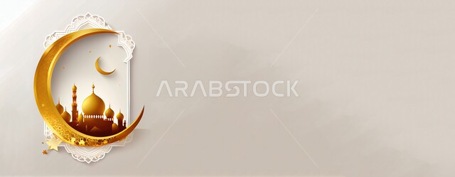 الاجتهاد في العبادة والتقرب الى الله تعالى، آداء الصلوات والفرائض، مجسم ثلاثي الابعاد لمسجد مع قبب ومآذن باللون الذهبي وهلال، ديكورات متميزة على الطراز الإسلامي الحديث، أجواء الروحانية والاحتفال بالمناسبات والأعياد الدينية، خلفية بيضاء