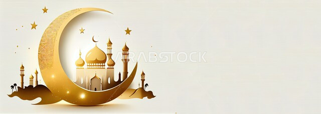 الاجتهاد في العبادة والتقرب الى الله تعالى، آداء الصلوات والفرائض، مجسم ثلاثي الابعاد لمسجد مع قبب ومآذن باللون الذهبي وهلال، ديكورات متميزة على الطراز الإسلامي الحديث، أجواء الروحانية والاحتفال بالمناسبات والأعياد الدينية، خلفية بيضاء