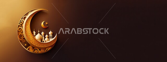 Diligence in worship and drawing closer to God Almighty, performing prayers and obligatory duties, a three-dimensional model of a mosque with domes and minarets in gold and a crescent, distinct decorations in the modern Islamic style, an atmosphere of spirituality and celebration of religious occasions and holidays, a brown background