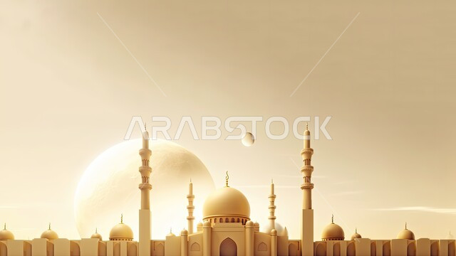 التصاميم العصرية على الطراز الإسلامي الحديث، الاجتهاد في العبادة والتقرب الى الله تعالى، آداء الصلوات والفرائض، تصميم ثلاثي الأبعاد لقبب ومآذن المساجد مع القمر، أجواء الروحانية والاحتفال بالمناسبات والأعياد الدينية، خلفية بيضاء