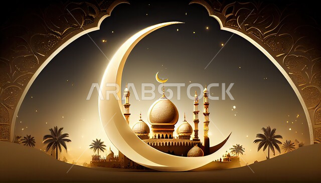 المناظر الطبيعية المتميزة، التصاميم العصرية على الطراز الإسلامي الحديث، الاجتهاد في العبادة والتقرب الى الله تعالى، آداء الصلوات والفرائض، تصميم ثلاثي الأبعاد لمسجد مع قبب ومآذن وهلال باللون الذهبي، الاحتفال بالمناسبات والأعياد الدينية