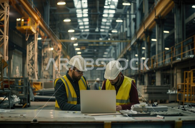 استخدام جهاز الحاسوب المحمول في الأعمال الهندسية، الإشراف على المشاريع ومتابعة سيرها، صورة مقربة لمهندسين عربيين خليجيين سعوديين يرتديان الخوذة وسترة الحماية يتحاوران ويتناقشان في مواضيع العمل، مهن ووظائف سعودية