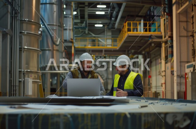 مهن ووظائف سعودية، استخدام جهاز الحاسوب المحمول في الأعمال الهندسية، الإشراف على المشاريع ومتابعة سيرها، صورة مقربة لمهندسين عربيين خليجيين سعوديين يرتديان سترة الحماية يتحاوران ويتناقشان في مواضيع العمل