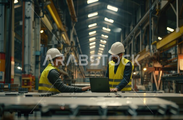 الإشراف على المشاريع ومتابعة سيرها، مهندسان عربيان خليجيان سعوديان يرتديان الخوذة وسترة الحماية يتحاوران ويتناقشان في مواضيع العمل، استخدام جهاز الحاسوب المحمول في الأعمال الهندسية، مهن ووظائف سعودية