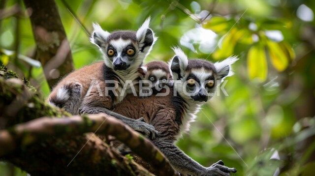 الحفاظ على الحيوانات البرية المهددة بالإنقراض في المحميات الطبيعية ، صورة مقربة لمجموعة من حيوان الليمور حلقي الذيل على غصن شجرة في الغابة, الطبيعة الخضراء في المملكة العربية السعودية 