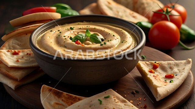 وجبات الفطور الصحية المغذية، طبق من الحمص اللذيذ على لوح خشبي بجانب قطع من خبز البيتا والخضراوات الطازجة، المقبلات الشعبية الشهية، مطاعم للمأكولات الشرقية، الأساليب الفنية في تقديم الطعام