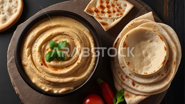 Delicious popular appetizers, healthy and nutritious breakfasts, a plate of delicious hummus on a wooden board next to loaves of pita bread and fresh vegetables, oriental food restaurants, artistic methods of serving food.