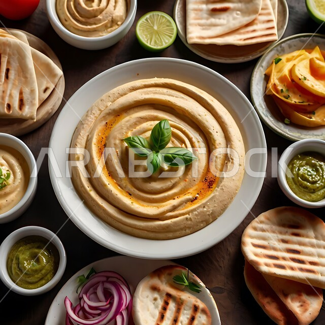 طبق من الحمص اللذيذ يحيط به مجموعة من الأطباق الجانبية وقطع الخبز على طاولة إفطار، المقبلات الشعبية الشهية، وجبات الفطور الصحية المغذية، مطاعم للمأكولات الشرقية، الأساليب الفنية في تقديم الطعام