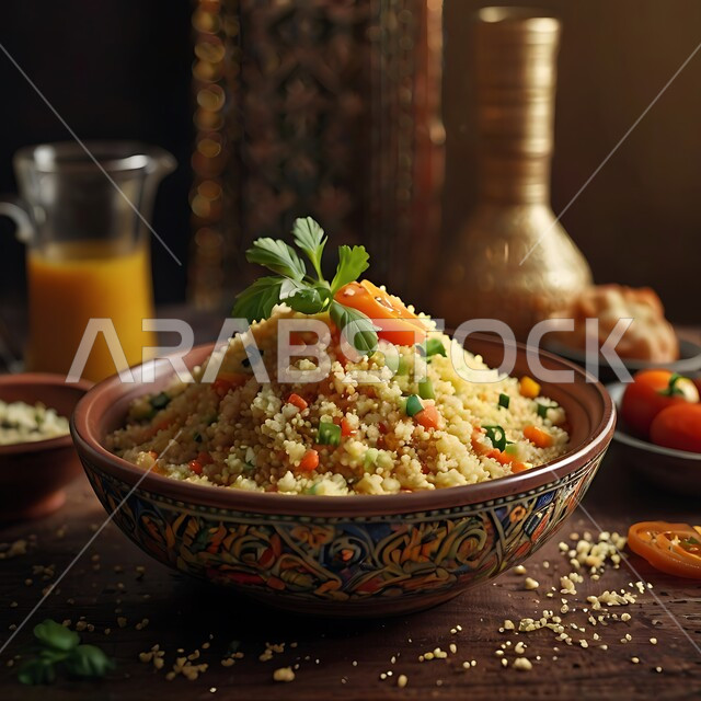 Catering arts, a plate of couscous decorated with a group of fresh vegetables, delicious healthy meals, foods and foods from the oriental cuisine, traditional popular Arabic dishes.